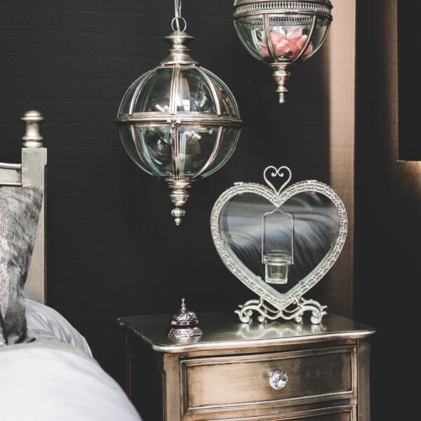 Free Standing Heart Tealight Lantern in Antique Silver