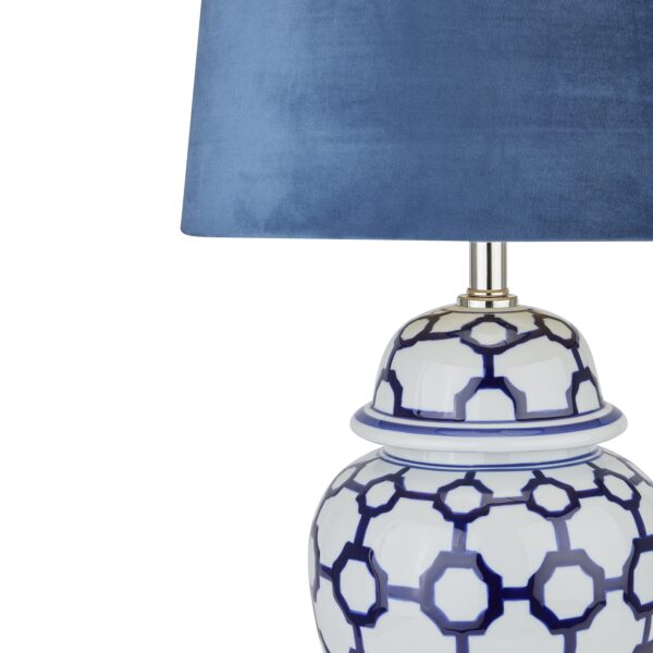 Acanthus Blue And White Ceramic Lamp With Blue Velvet Shade