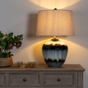 Midnight Shadows Glass Table Lamp with Linen Shade