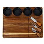 Acacia Cheese Board Set With Grey Ceramic Bowls and Cutlery