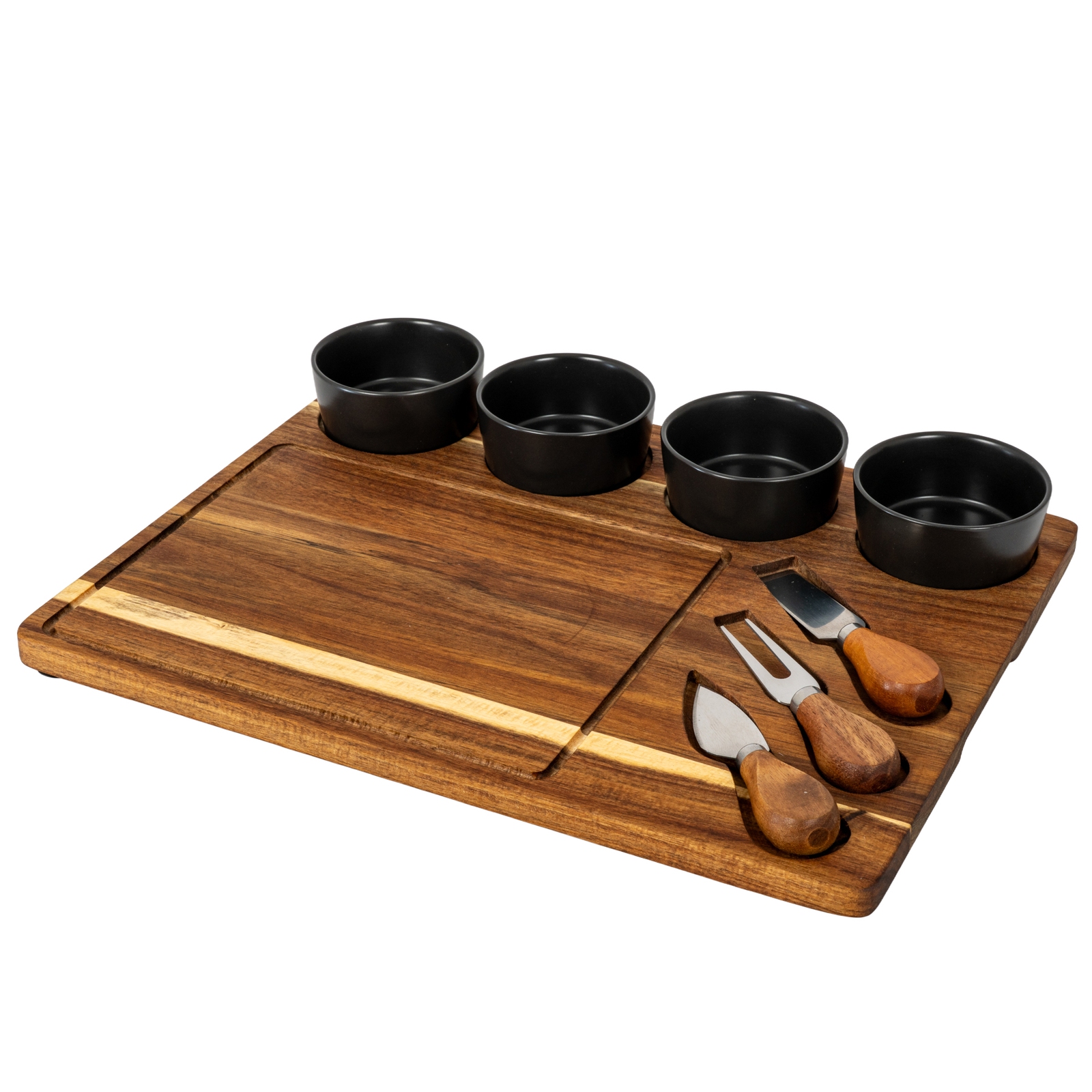 Acacia Cheese Board Set With Grey Ceramic Bowls and Cutlery - Image 2