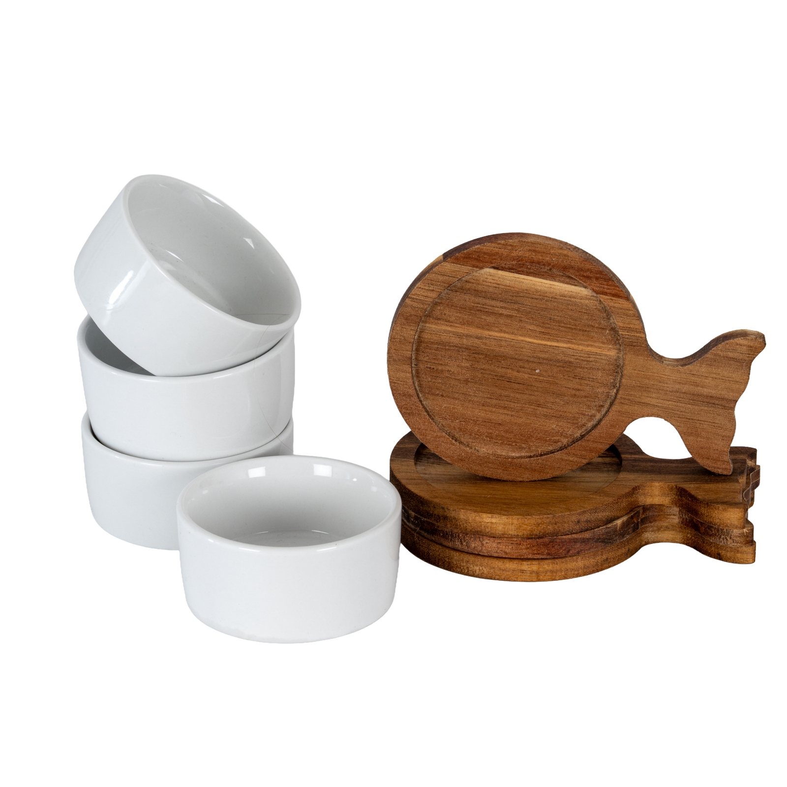 Set Of 4 Acacia Fishtail Serving Trays with Ceramic Bowls - Image 3