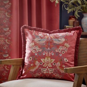 Morris & Co Strawberry Thief Embroidered Cushion – Berry, 50 x 50cm