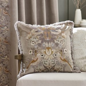 Morris & Co Strawberry Thief Embroidered Cushion – Biscuit, 50 x 50cm
