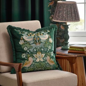Morris & Co Strawberry Thief Embroidered Cushion – Forest Green, 50 x 50cm