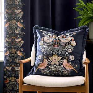 Morris & Co Strawberry Thief Embroidered Cushion – Indigo, 50 x 50cm