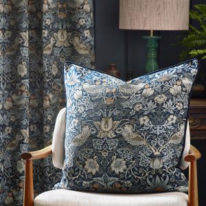 Morris & Co Strawberry Thief Jacquard Cushion – Indigo, 55 x 55cm